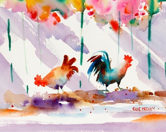 Key West Rooster Art, Key West Watercolor Print, Key West Chicken print, Key West Art, Watercolor Print, Colorful rooster art, Ellen Negley