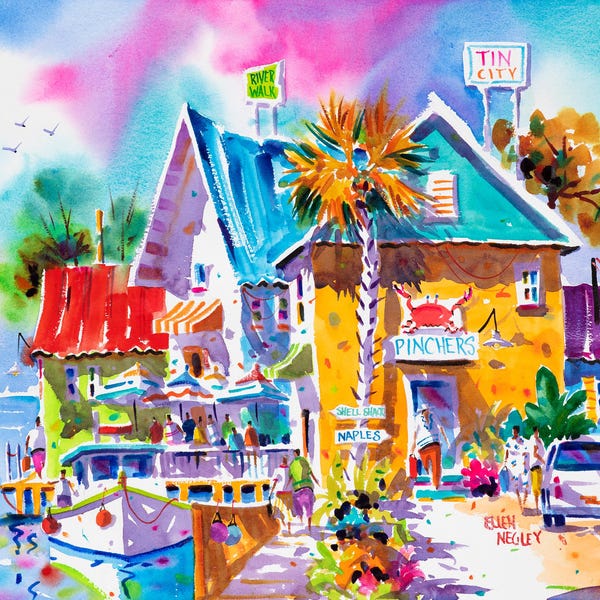 Naples Tin City, Naples Florida Canvas Art, Colorful art print, Coastal Decor, Beach Art, Naples Watercolor, Ellen Negley, Tropical Art
