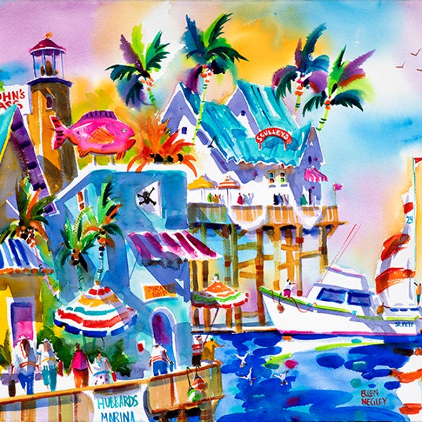 John's Pass Art, St. Pete Watercolor Print, Canvas Art, St. Petersburg, Clearwater, Tampa, Ellen Negley Watercolors, Tropical Art, Florida