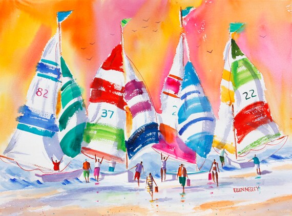 Coastal Decor Beach Painting Sailboat Painting Colorful Etsy