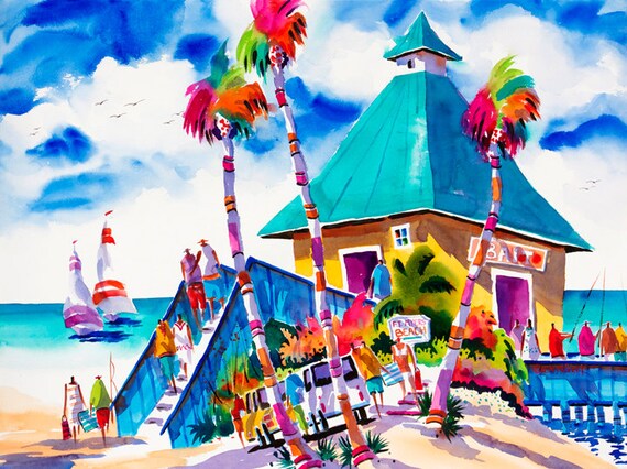 beach art print whimsical beach painting palm tree art etsy