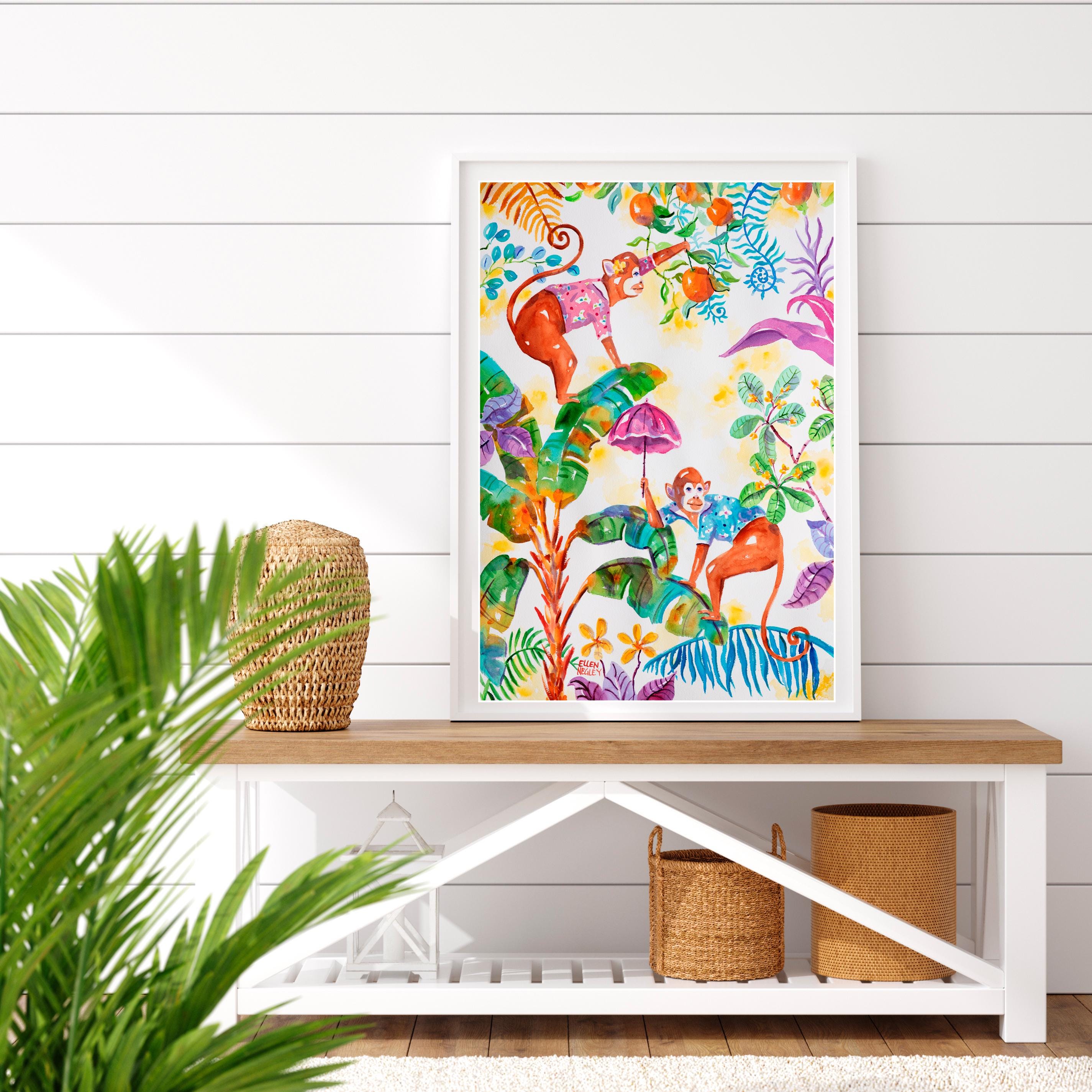 Tropical Monkey Art Print, Chinoiserie Monkey Art, Tropical