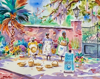 Charleston Sweetgrass Basket Sellers, Low Country Art, South Carolina Print, Ellen Negley Watercolors