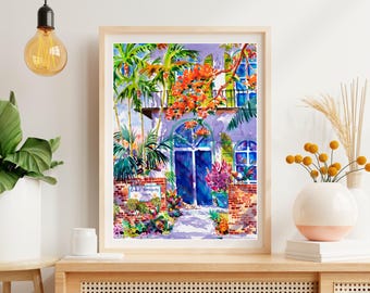 Hemingway House Art Print, Key West Art, Key West Watercolor, Hemingway Cat Painting, Florida Tropical Vacation Art Print, Key West Cat Art