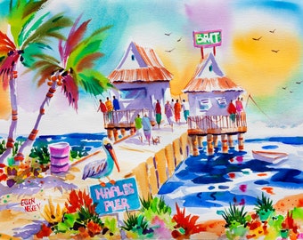 Naples Pier Canvas, Pelican print, Beach watercolor, Florida Canvas, Coastal Decor, Beach Art, Naples Watercolor, Ellen Negley, Tropical Art