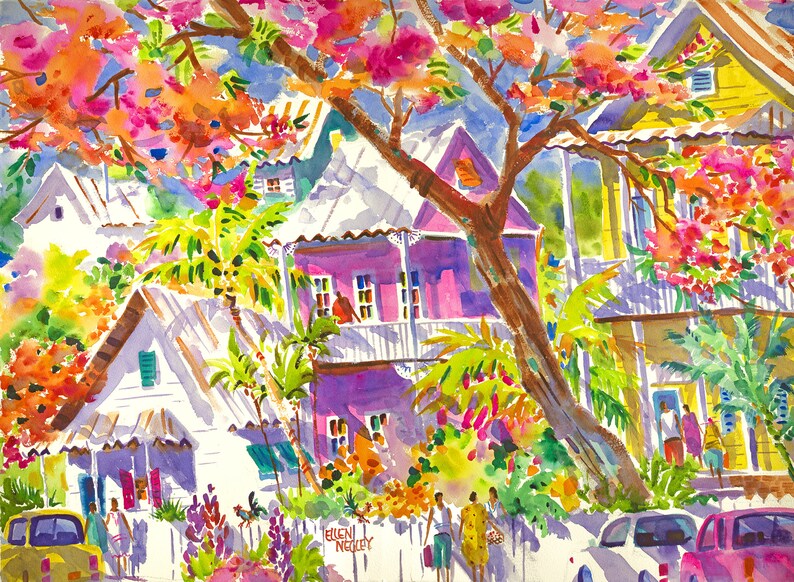 Key West Watercolor Chicken Print Key West Art Rooster Print Florida Art Key West Rooster Print Tropical Art Watercolor Print Matted