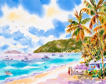 Cane Garden Bay, Tortola, British Virgin Islands art, BVI art, Ellen Negley Watercolors, Island art, tropical watercolor print, beach art