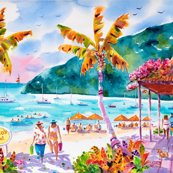 Hendo's Hideout, Jost Van Dyke, British Virgin Islands, Island art, Tropical art, Watercolor Print, Ellen Negley, Caribbean beach print, BVI