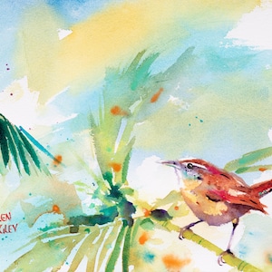 Carolina Wren Art, Small Bird Watercolor, Florida art, Botanical art, Tropical art, Colorful art, Whimsical Art, Ellen Negley Watercolors