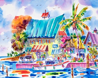 Key West Wall Art, Original Watercolor, Colorful art, Boat art, Key West Watercolor, Florida Keys art, Tropical art, Ellen Negley, Beach Art