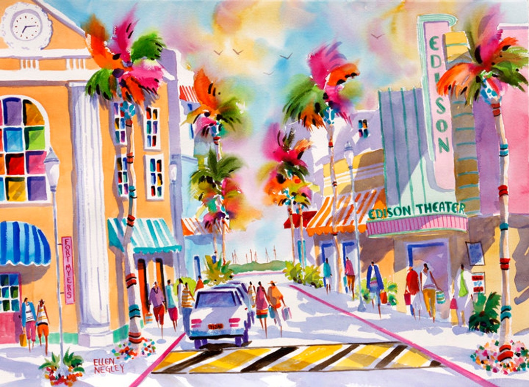 Original Watercolor Painting, Fort Myers Painting, Edison Theater