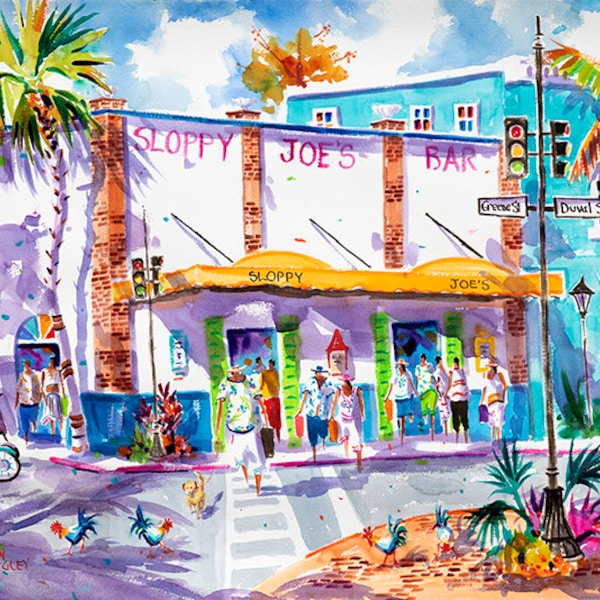 Sloppy Joe's Bar, Key West Art Print, Duval Street, Canvas Art, Rooster, print, Hemingway Print, Watercolor print Ellen Negley Watercolors