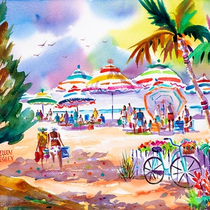 Beach Watercolor Print, Beach umbrella print, Florida watercolor art, Tropical Watercolor Print, Ellen Negley Watercolors, Key West Art