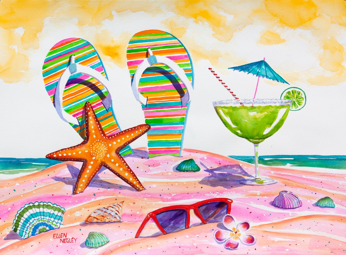 Beach Art Print Beach Watercolor Flip Flop Art Margarita Etsy