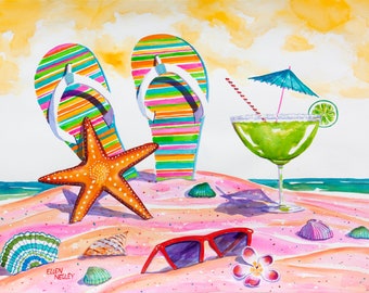 Beach art print, Beach watercolor, flip flop art, margarita art, tropical print, Ellen Negley watercolor, happy art, starfish print, sandals