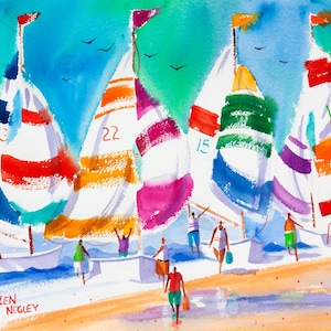 May include: A watercolor painting of four sailboats on a beach. The sailboats are brightly colored with red, orange, yellow, green, blue, and purple stripes. The sailboats have numbers on them: 83, 22, 15, and 16. The painting is signed "Ellen Negley".