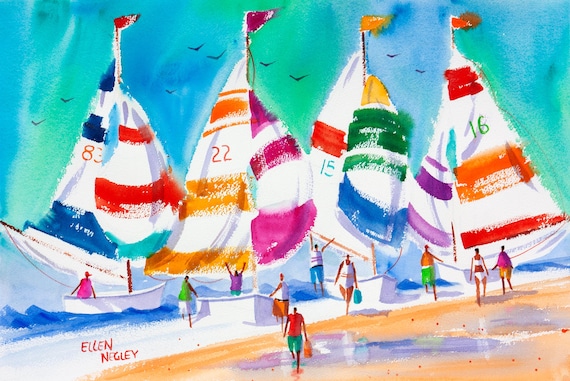 Beach Painting, Sailboat Print, Boat Painting, Island art, Colorful Art, Coastal Art, Whimsical Art, Beach Decor, Ellen Negley, Tropical Art