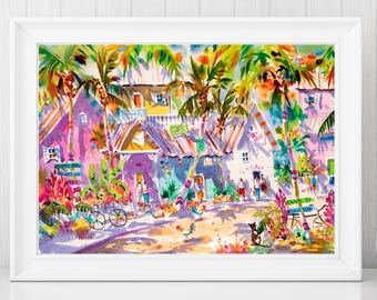 May include: A watercolor painting of a colorful street scene with pink and yellow buildings, palm trees, and people walking. The buildings have signs that say "The Old Navy Bar", "The Pub", "The Store", and "The Oval St. Canal Man".