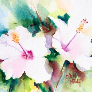 Hibiscus flower watercolor, pink flower art, tropical flower print, floral painting, botanical watercolor, colorful print, Ellen Negley