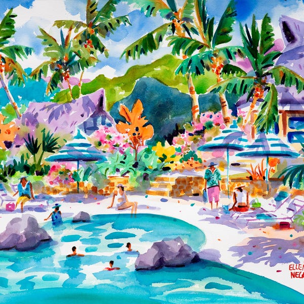 Pintura de resort, Pintura de Tahití, Acuarela original, Pintura de Bora Bora, Piscina, Pintura de plantas tropicales, Ellen Negley, Arte de playa