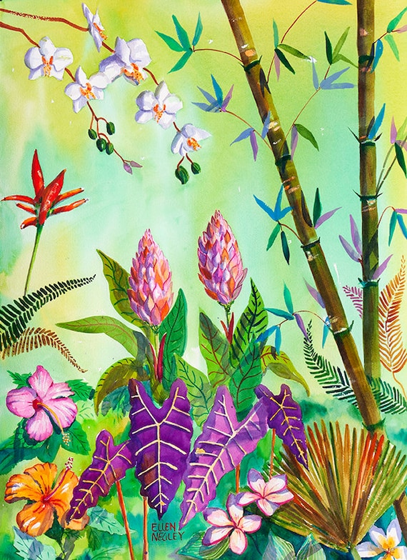 Tropical plant print, orchid watercolor, bamboo print, tropical botanical print, Tropical foliage, colorful art, Florida art,  Ellen Negley