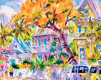 May include: A watercolor painting of a colorful street scene with houses, palm trees, and a yellow tree with orange leaves. The houses are painted in shades of pink, yellow, and blue. There are people walking on the sidewalk and a yellow car parked in the street.
