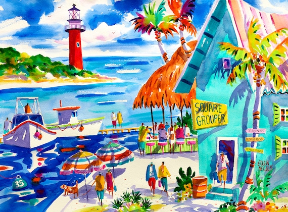 Jupiter Florida Lighthouse Art Print, Square Grouper Bar Art