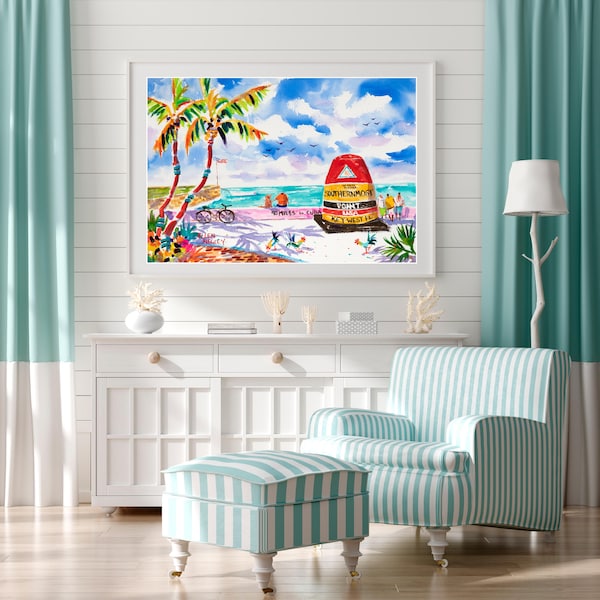 Impresión artística del punto más al sur, pintura de Cayo Hueso, boya de Cayo Hueso, regalo artístico de Cayo Hueso, impresión de acuarela de Cayo Hueso, pollo de Cayo Hueso, Ellen Negley