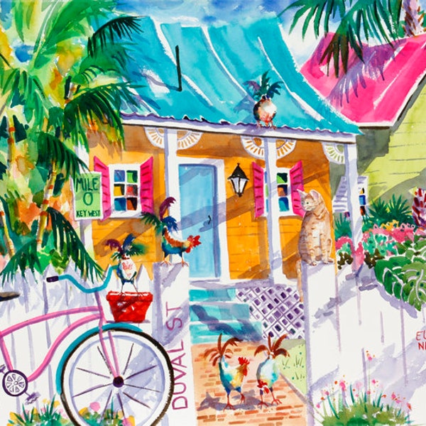 Key West Watercolor, Rooster Print, Cat Print, Tropical Wall Art, Chicken Painting, Mile Marker 0, Bicycle print, Colorful Print, Canvas