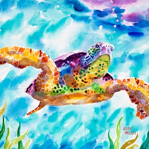 Turtle Original Watercolor, Turtle painting, Loggerhead Turtle art, Underwater painting, Colorful Turtle Painting, Ellen Negley Watercolors