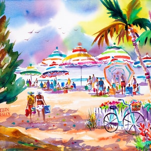 Beach Watercolor Print, Beach umbrella print, Florida watercolor art, Tropical Watercolor Print, Ellen Negley Watercolors, Key West Art