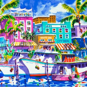Fort Myers Florida, Florida Art, Tropical Print, Beach Art, Watercolor Print, Ellen Negley Watercolors, Tropical Art, Boat print,