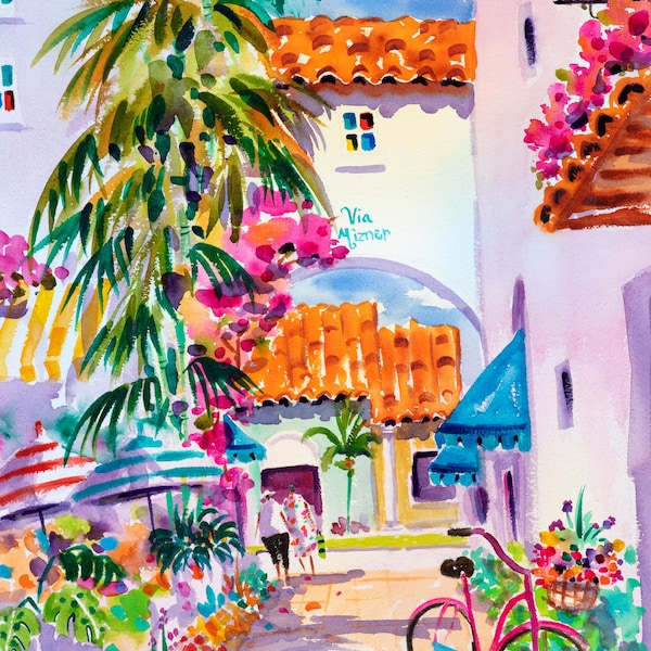 Palm Beach, Florida Art Print, Bicycle Art Print, Watercolor Print, Via Mizner, Tropical Art, Ellen Negley Watercolors, Lily Pulitzer Art