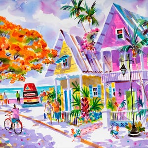 Key West Art Print, Key West painting, Key West Canvas, Southernmost Point, Cottage Art, Ellen Negley, Rooster Art, Key West Florida Gift