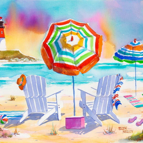 Beach watercolor, Florida print, lighthouse wall art, Coastal Decor, Beach watercolor, adirondack chairs, Key West Art, Beach Umbrella art