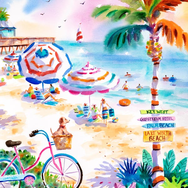 Lámina de playa de Lake Worth, Hotel Gulfstream, Arte de Florida, Lámina de playa, Acuarela tropical, Acuarelas de Ellen Negley, Arte mural de playa