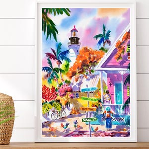 Key West Cottage Art, Key West Lighthouse, Key West Watercolor, Duval Street, Tropical wall art, Colorful Print, Ellen Negley Watercolors