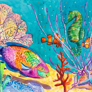 May include: A watercolour painting depicting a vibrant underwater scene featuring a rainbow parrotfish, two clownfish, a seahorse, and coral. The background is a turquoise blue with white dots.