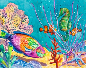 Tropical Fish print, Coral Reef art, Seahorse art, Parrot Fish art, colorful watercolor, clown fish print, Ellen Negley, Underwater art
