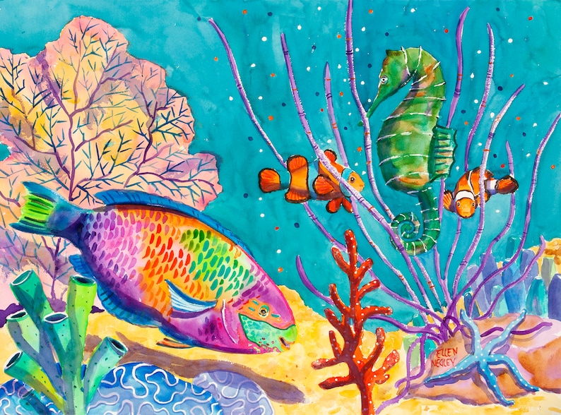 May include: A watercolour painting depicting a vibrant underwater scene featuring a rainbow parrotfish, two clownfish, a seahorse, and coral. The background is a turquoise blue with white dots.