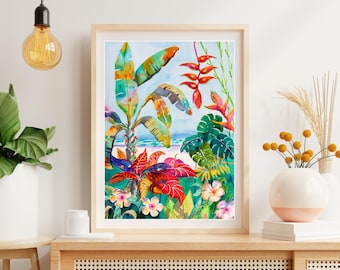 Tropical Foliage Art, Banana Plant Watercolor, Heliconia Canvas Art, Botanical Wall Art, Floral Painting, Watercolor Flowers, Ellen Negley