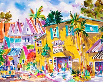 May include: Watercolor painting of a colorful street scene in Key West, Florida. The scene features a yellow building with the text "Capt. Tony's Saloon" and a sign that says "Hemingway Inn 1931-1937".