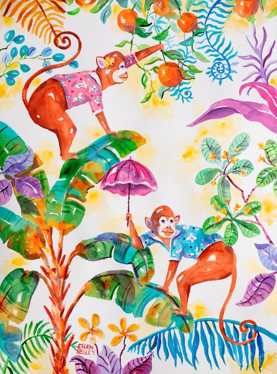Tropical Monkey Art Print, Chinoiserie Monkey Art, Tropical