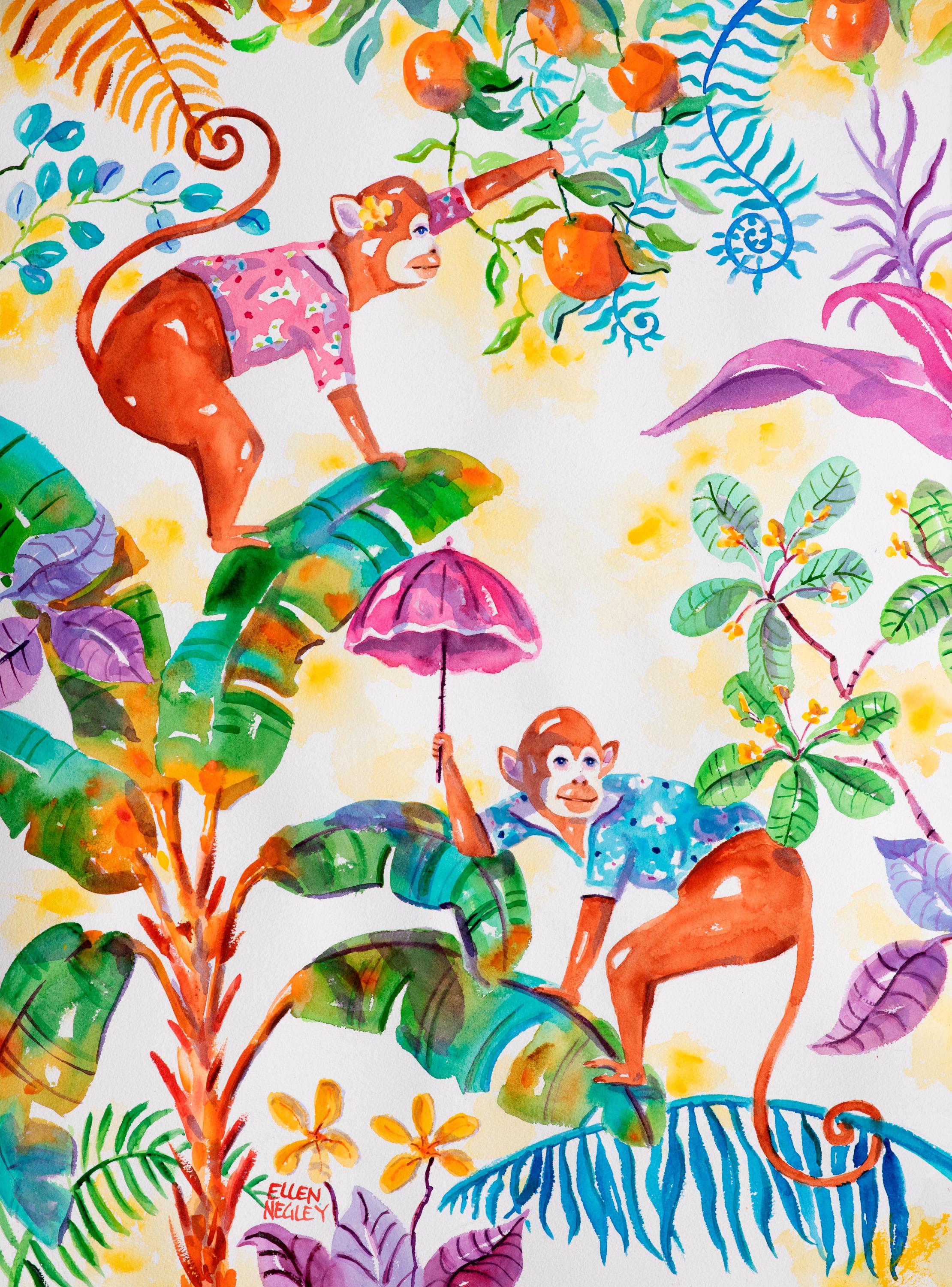 Tropical Monkey Art Print, Chinoiserie Monkey Art, Tropical