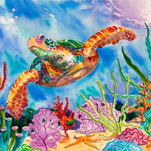 May include: Watercolor painting of a sea turtle swimming underwater. The turtle has a colorful shell with orange, green, and yellow hues. The scene includes coral, seaweed, and bubbles against a blue background.
