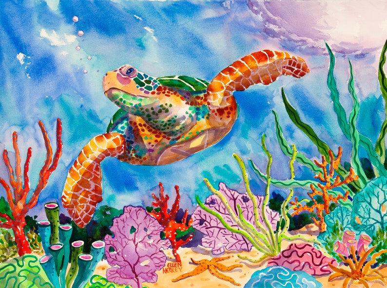 Turtle Watercolor, Turtle print, Canvas Art, Turtle painting, Florida Art, Key West Art, Tropical Art, Colorful Watercolor, Ellen Negley image 1