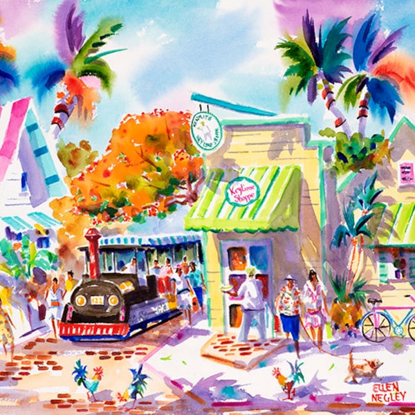 Key West Art, Kermit's Key Lime Pie, Ellen Negley, Tropical Art, Key West Rooster Art, Key West Wall Art, Chicken Art, Key West Conch Train