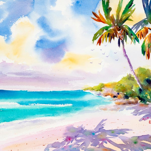 Beach Wall Art, Caribbean Beach Print, Palm Tree Watercolor, Florida Canvas Art, Island Art Print, Tropical Beach Print, Negley Watercolors