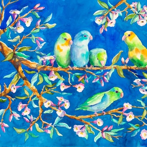 Parrot art print, bird watercolor, Bird painting, Tropical Watercolor, Key West style art, colorful art print, leaves art, Ellen Negley,