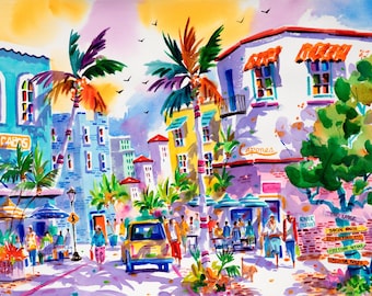 Könnte beinhalten: Ein Aquarellbild einer farbenfrohen Straßenszene mit Palmen, Gebäuden und Menschen. Die Gebäude haben Schilder mit der Aufschrift "Capones" und "Cabos".